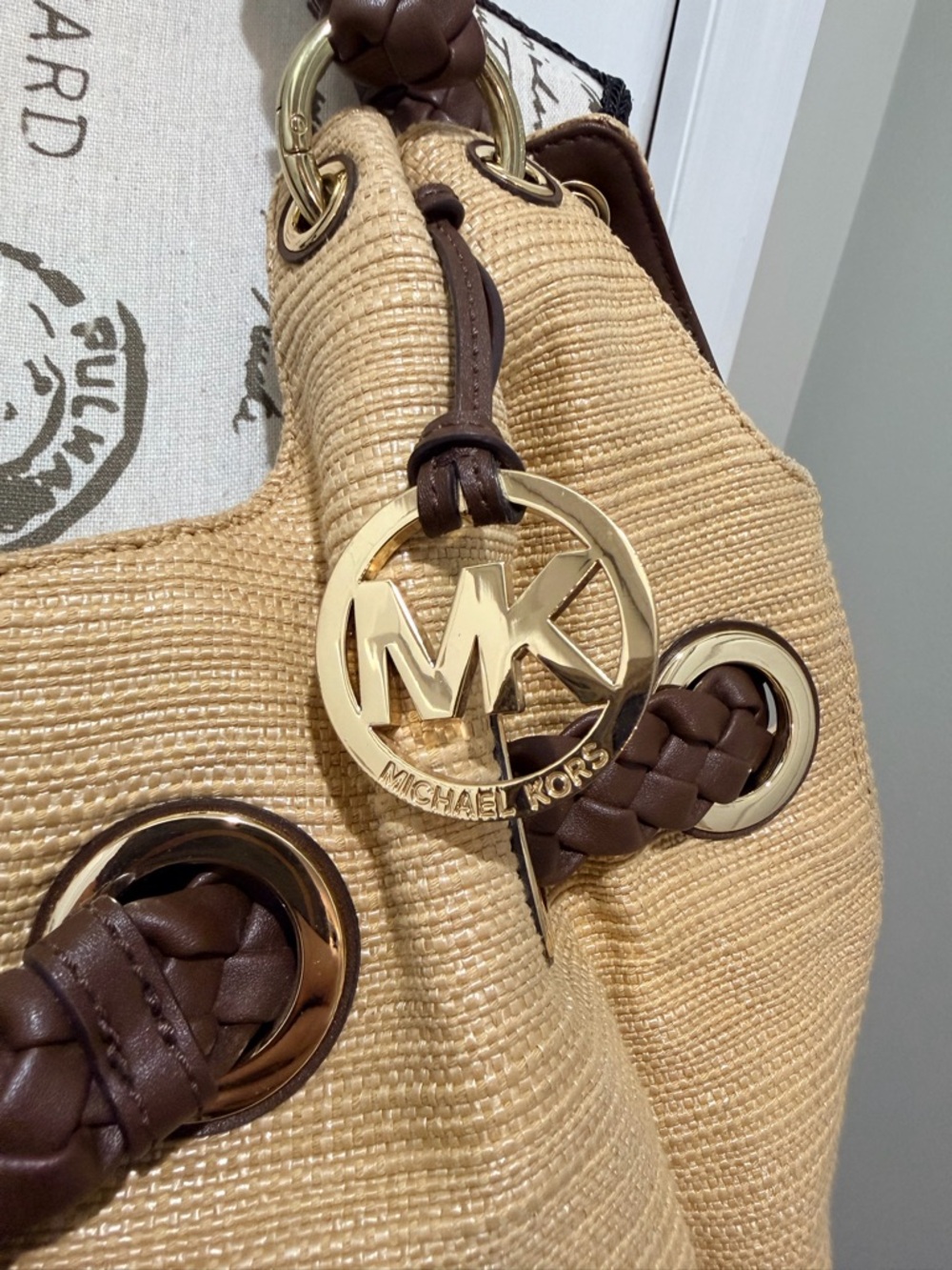 Michael Kors Santorini Straw Hobo Bag Braided Handle Tassel Charm - Picture 6 of 13